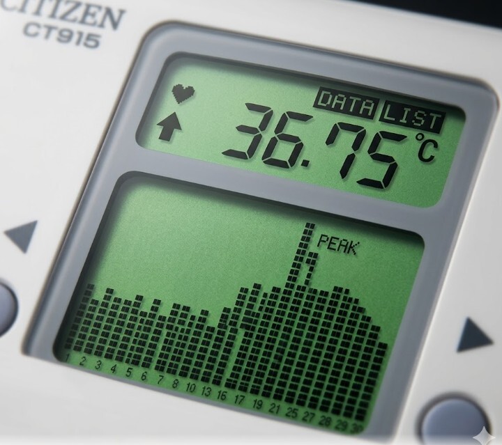 Detail displeja a antibakteriálneho materiálu teplomera Citizen